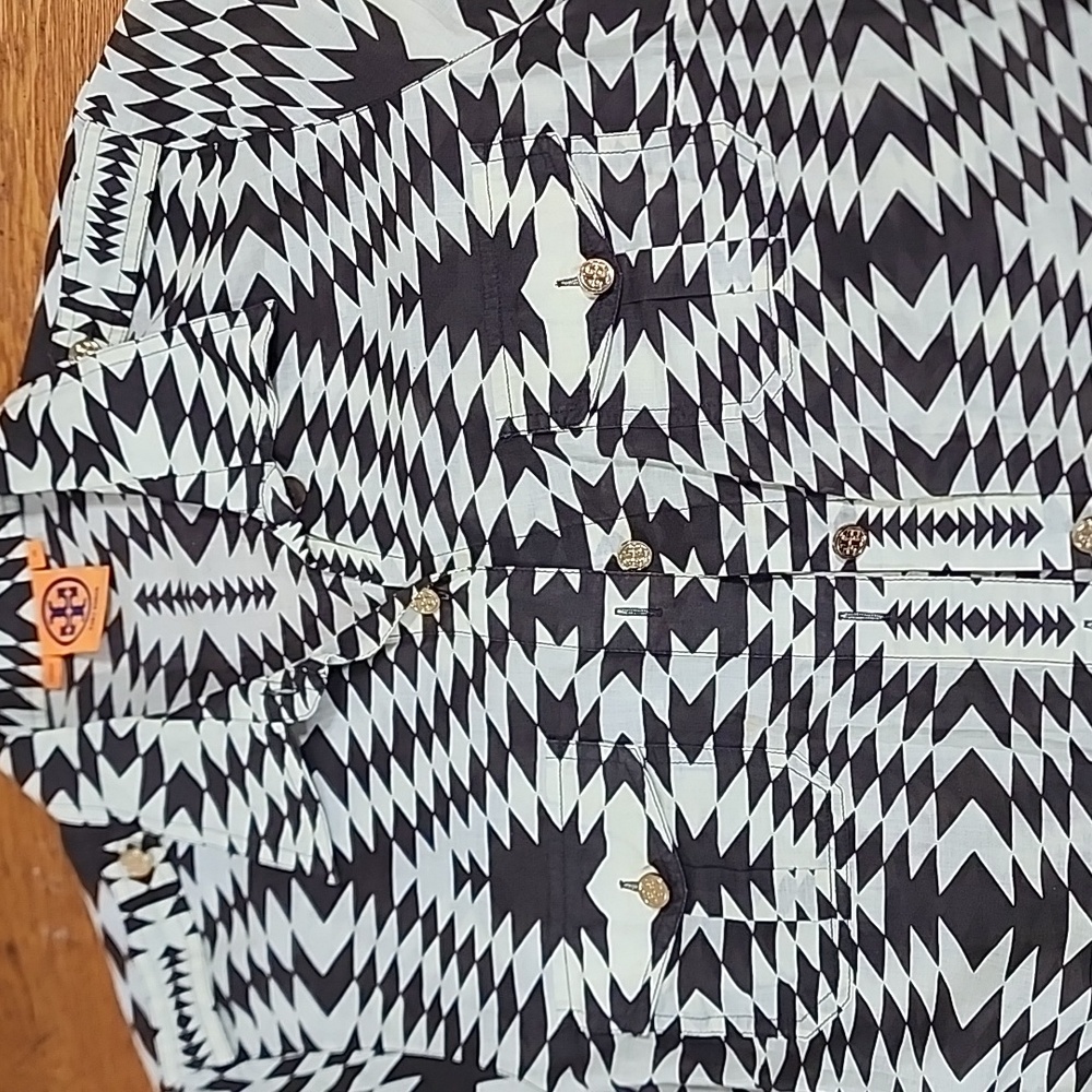 Tory Burch Cotton Button Southwestern Aztec Geometric Patterned Blouse Size 14 - Picture 3 of 10